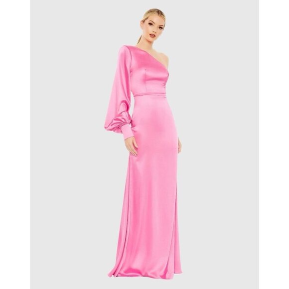 New MAC DUGGAL Size 4 Pink 26712 ONE SHOULDER BISHOP SLEEVE SATIN Formal GOWN - Picture 2 of 11